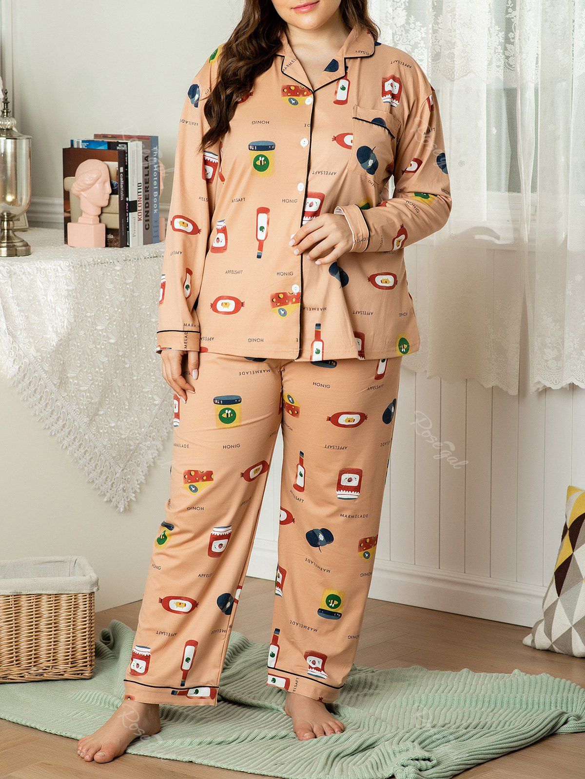

Plus Size Piping Cartoon Print Front Pocket PJ Set, Light orange