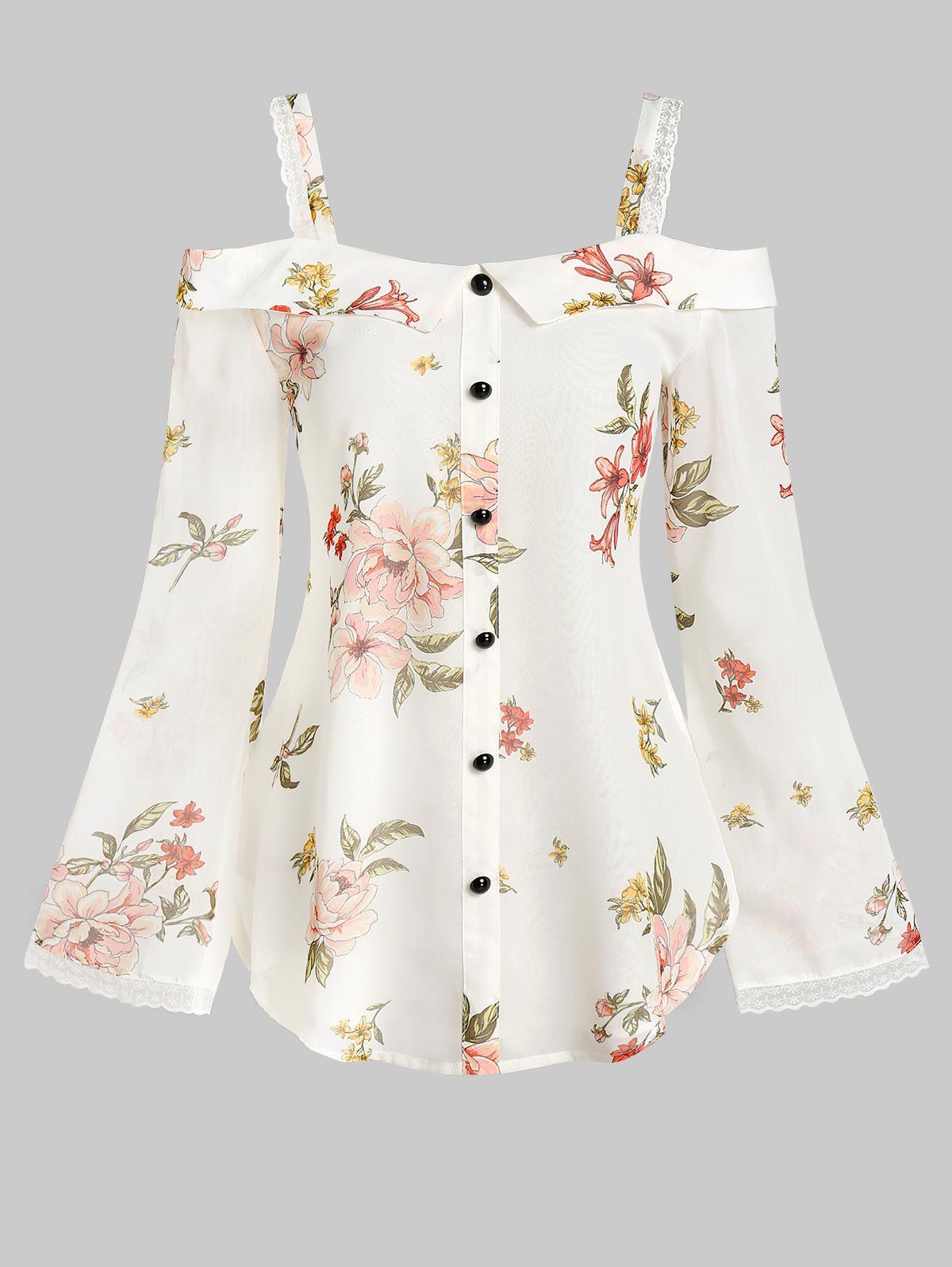 

Floral Print Mock Button Cold Shoulder Blouse, White
