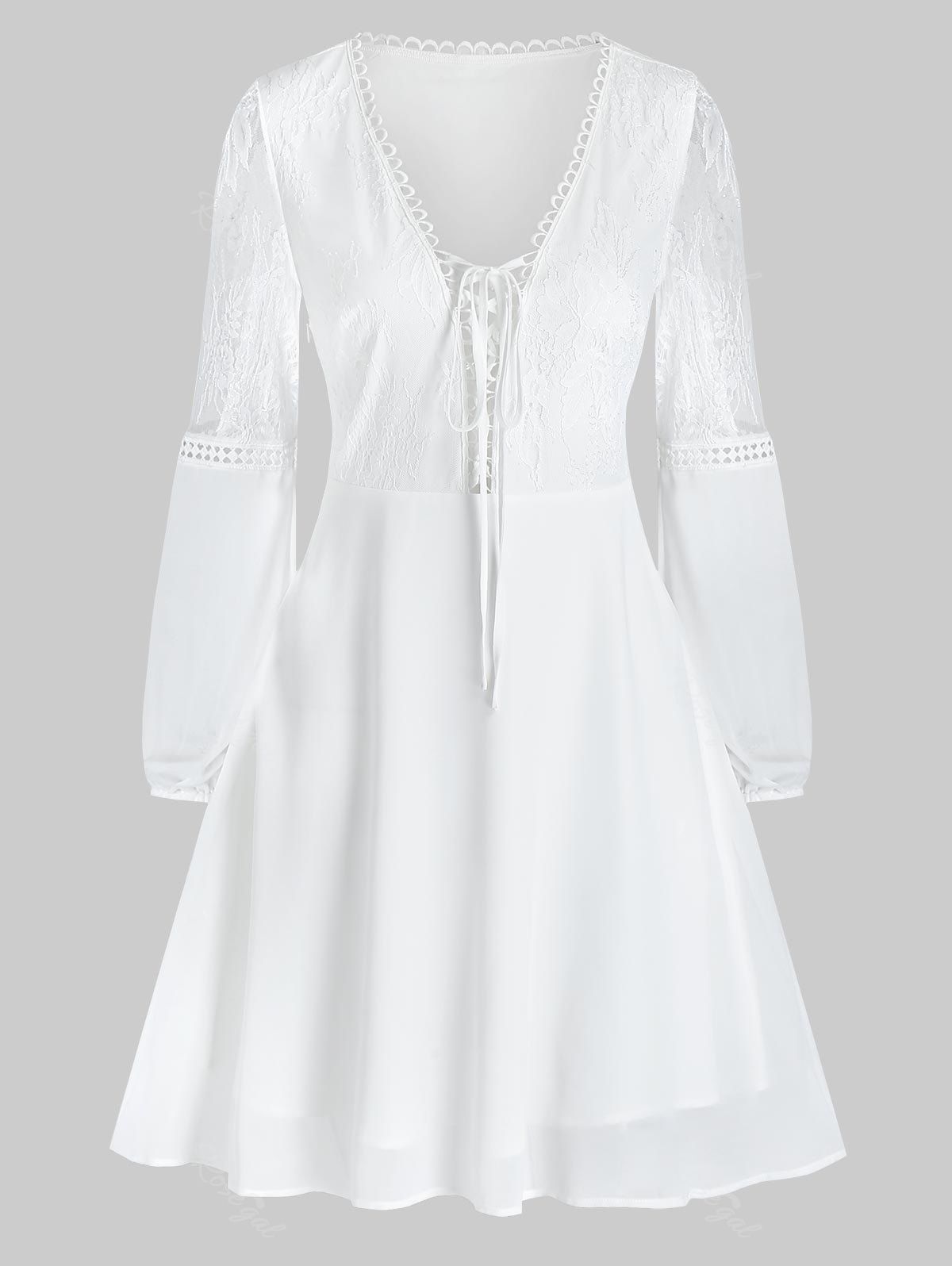 

Lace Up Plunging Neck Embroidery A Line Dress, White