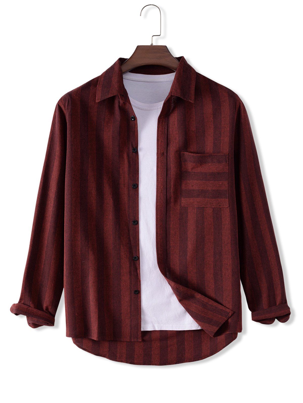 

Striped Front Pocket Dseign Button Up Shirt, Deep red