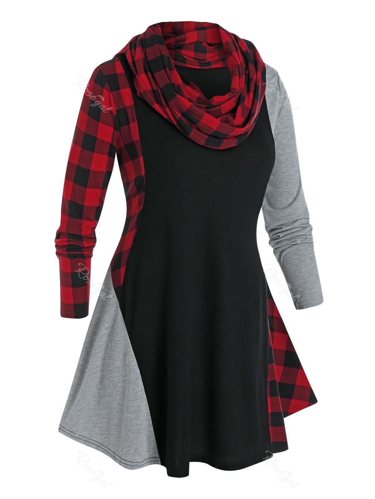 New Plus Size Plaid Contrast Curved Hem Tee with A Scarf  