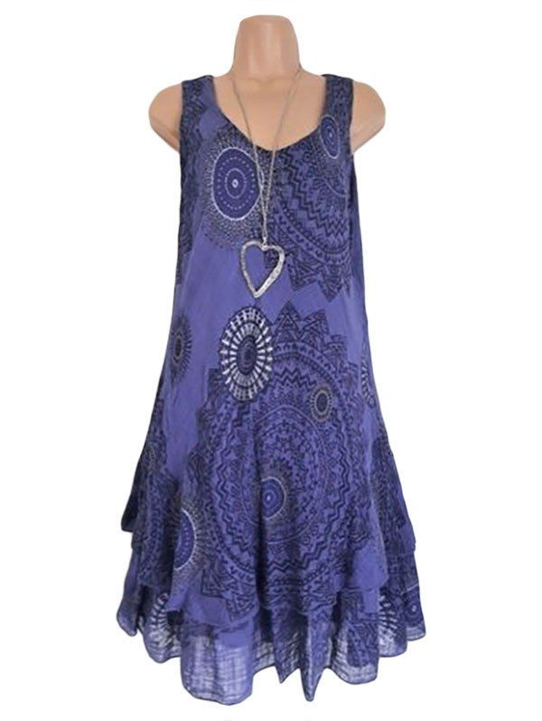 

Scoop Neck Printed Layered Trapeze Dress, Deep blue