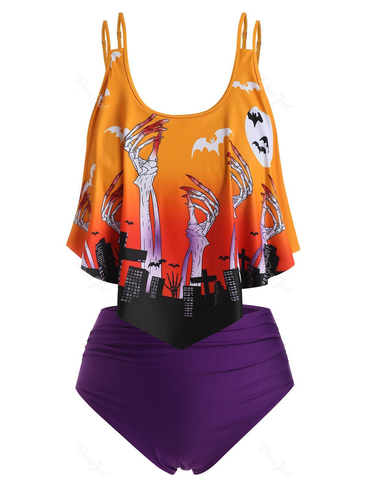 

Plus Size Halloween Bat Skeleton Print Tankini Swimwear, Dark orange