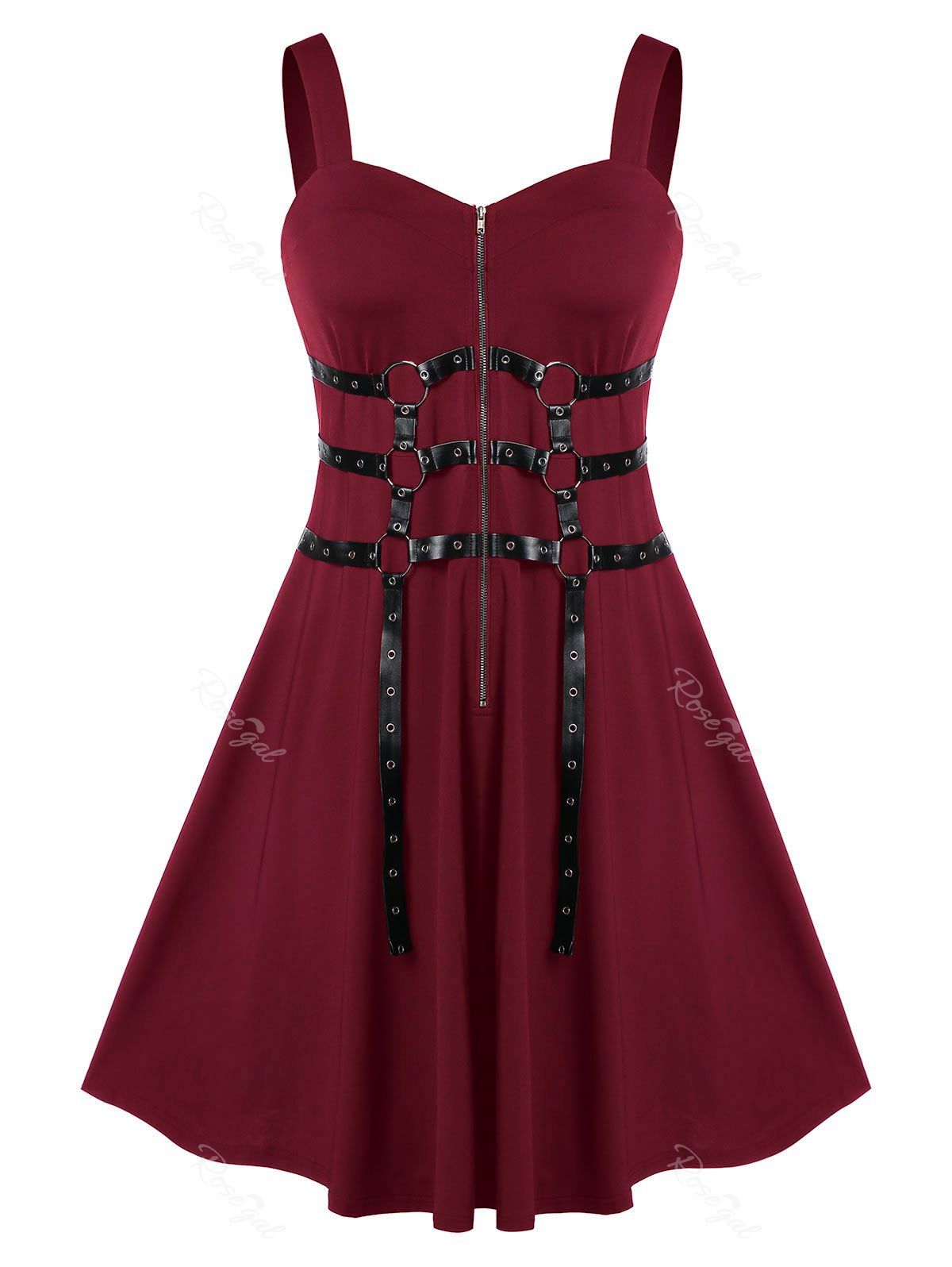 

Plus Size Solid Zippered Fit And Flare Vintage Dress, Deep red