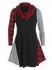 Plus Size Plaid Contrast Curved Hem Tee with A Scarf -  