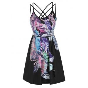 

Strappy Feather Print Belted Dress, Black