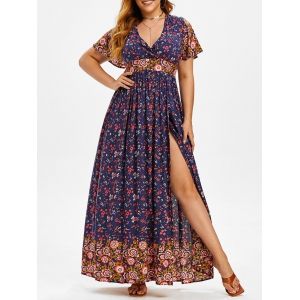 

Plus Size Ditsy Print High Slit Maxi Dress, Deep blue