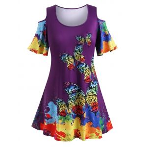 

Plus Size Rainbow Color Butterfly Print Cold Shoulder T Shirt, Concord