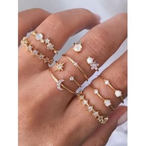 

9Pcs Stars Crescent Rhinestone Rings Set, Golden