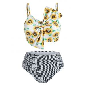 

Plus Size Bowknot Sunflower Print Striped Tankini Swimwear, Yellow