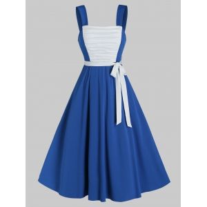 

Sleeveless Ruched Front Contrast Belted Dress, Cobalt blue