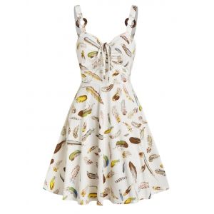 

Feather Print O Ring Drawstring Mini Sundress, Milk white