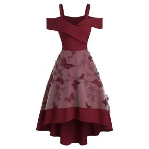

Floral Butterfly Mesh Cold Shoulder High Low Dress, Red wine