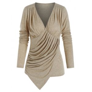 

Long Sleeve Ruched Asymmetrical Heathered T-shirt, Sand