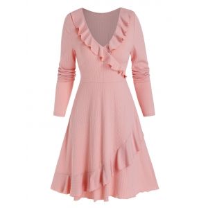 

V Neck Ruffled Trim Mini A Line Dress, Pink