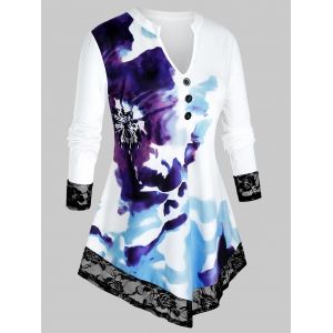 

Plus Size Button Watercolor Notch Collar T-shirt, Milk white