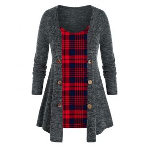

Plus Size Faux Two Pieces Cardigan Plaid Top, Multi