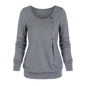 

Heathered Mock Button Blouson T-shirt, Ash gray