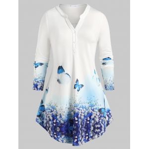 

Plus Size Flower Butterfly Print Button Placket T-shirt, Light blue