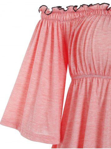 

Off Shoulder Ruffled Trim Flare Sleeve Longline T Shirt, Pink