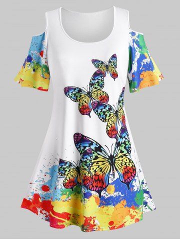 Plus Size Rainbow Color Butterfly Print Cold Shoulder T Shirt