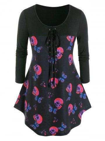 Plus Size Butterfly Skull Lace-up Curved Hem Tee