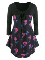Plus Size Butterfly Skull Lace-up Curved Hem Tee -  