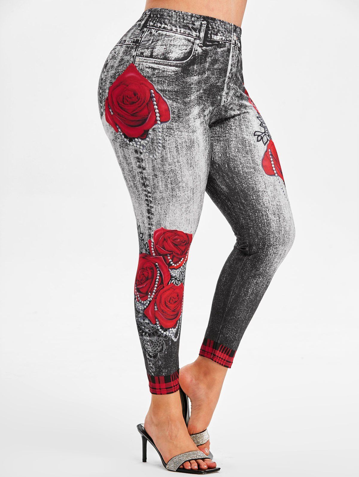 

Rose Plaid 3D Print High Waisted Plus Size Jeggings, Black