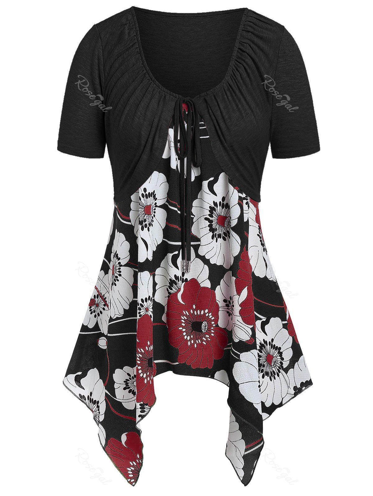 

Plus Size Floral Print Handkerchief Two Piece T-shirt, Red wine