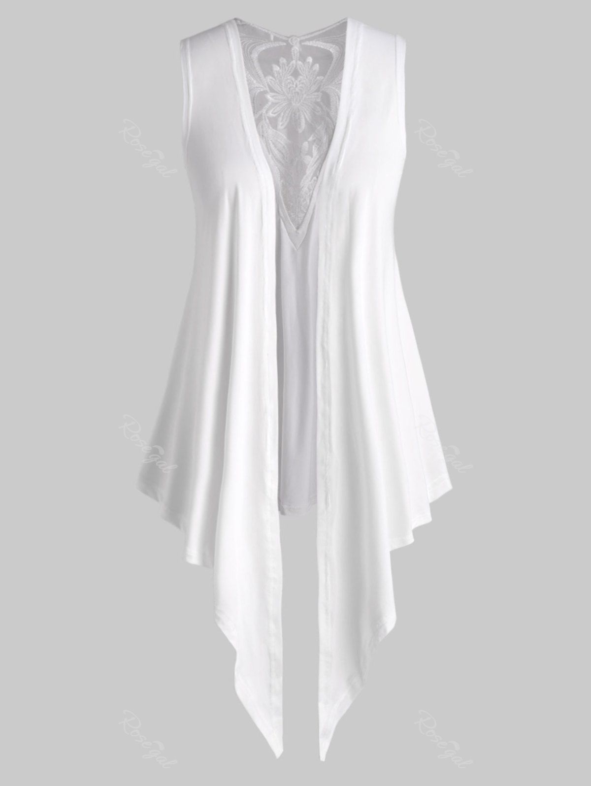 

Mesh Panel Open Front Embroidered Plus Size Top, White