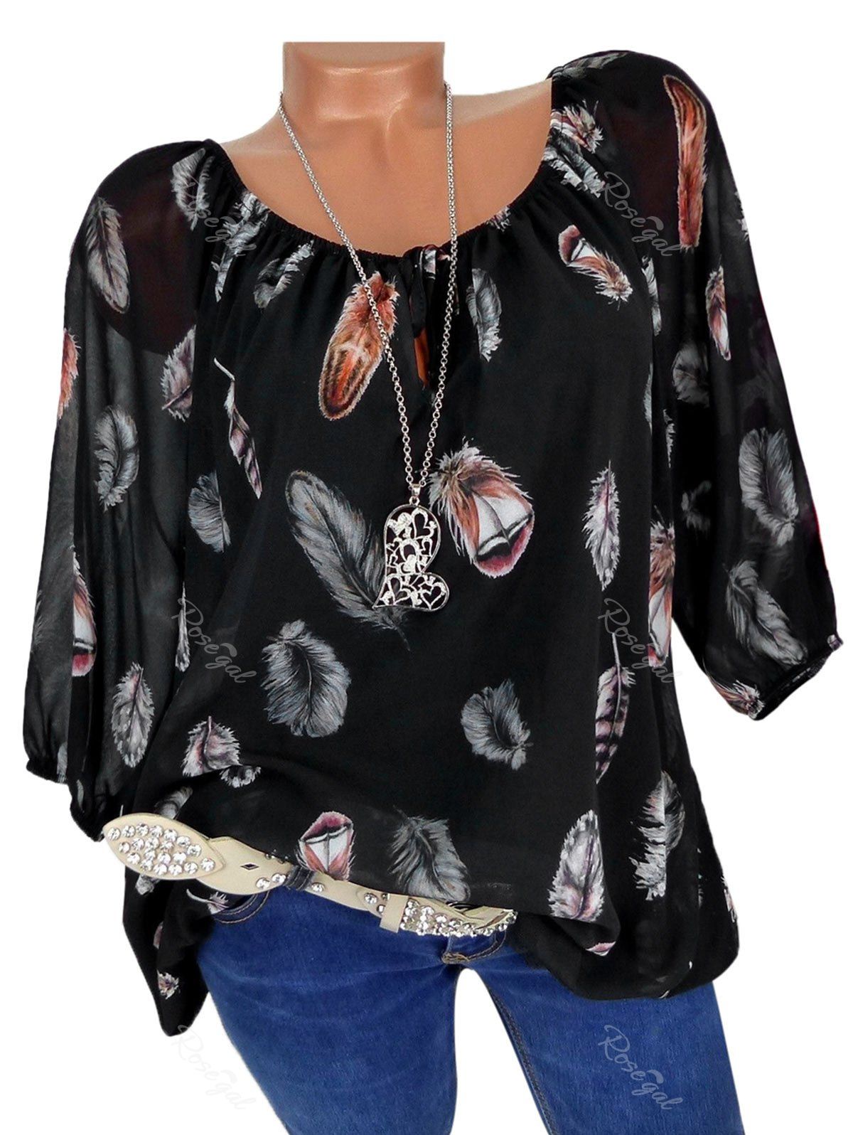 

Plus Size Feather Print Blouse, Black