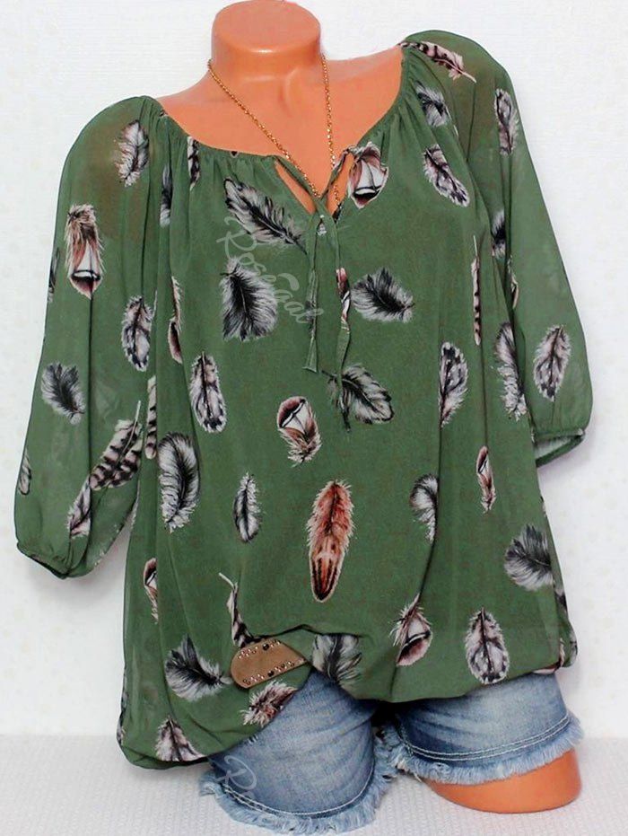 

Plus Size Feather Print Blouse, Light green