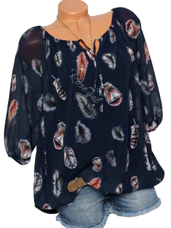 

Plus Size Feather Print Blouse, Deep blue
