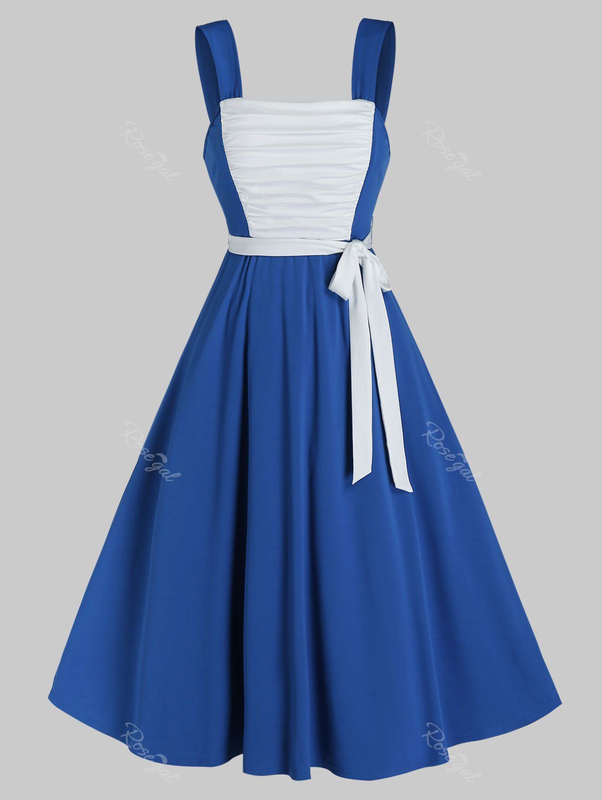 

Sleeveless Ruched Front Contrast Belted Dress, Cobalt blue