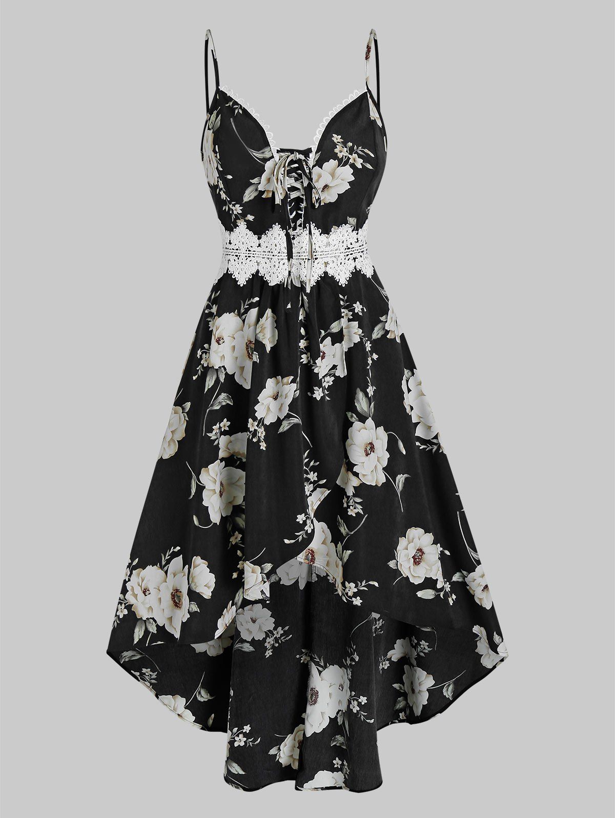 

Plunging Neck Bowknot Floral Print Cami Dress, Black