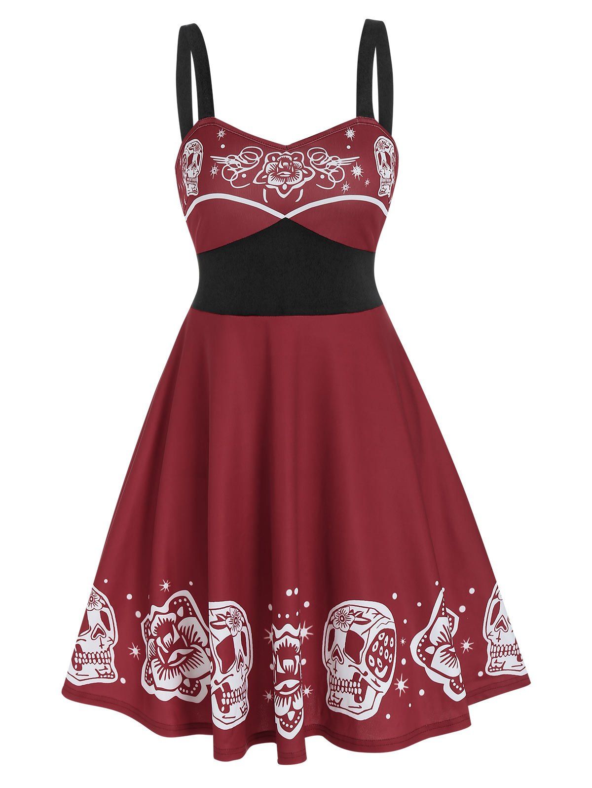 Floral Skull Print Gothic Mini Cami Dress, Red wine
