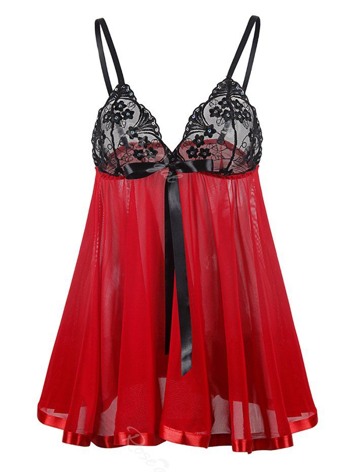 

Plus Size Sequines Sheer Mesh Babydoll with Lace, Red
