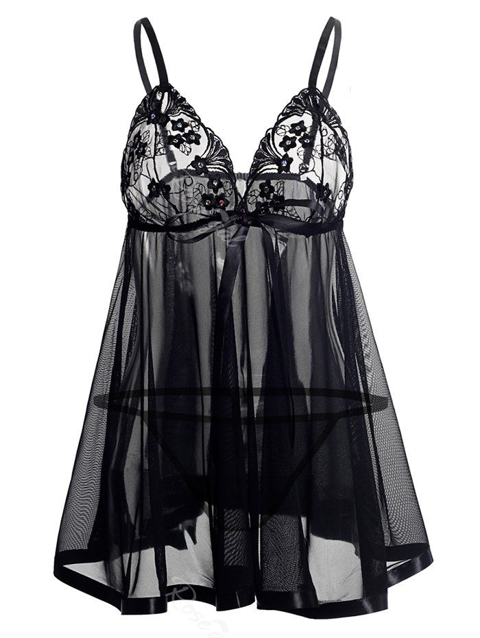

Plus Size Sequines Sheer Mesh Babydoll with Lace, Black