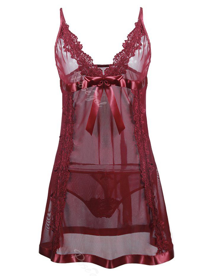 

Plus Size Sheer Bowknot Cami Babydoll with Lace, Deep red