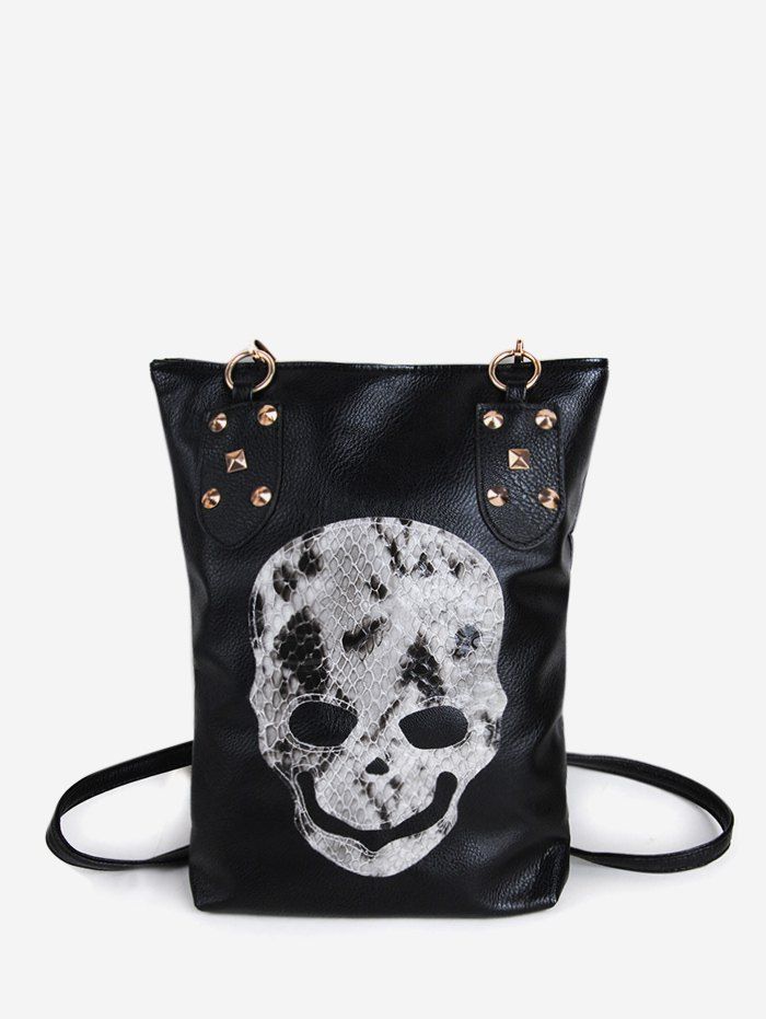 

Skull Rivet Punk Rectangle Crossbody Bag, Black