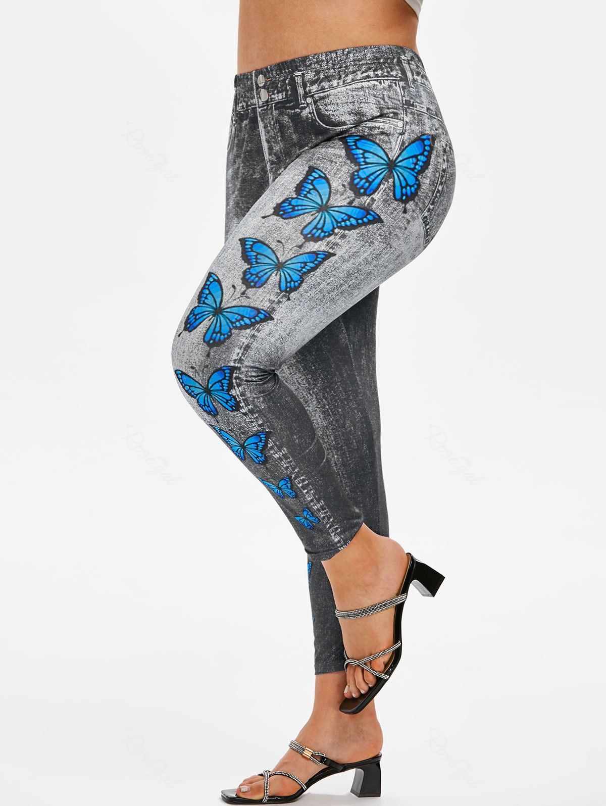 

Plus Size Butterfly 3D Denim Print Ninth Jeggings, Black