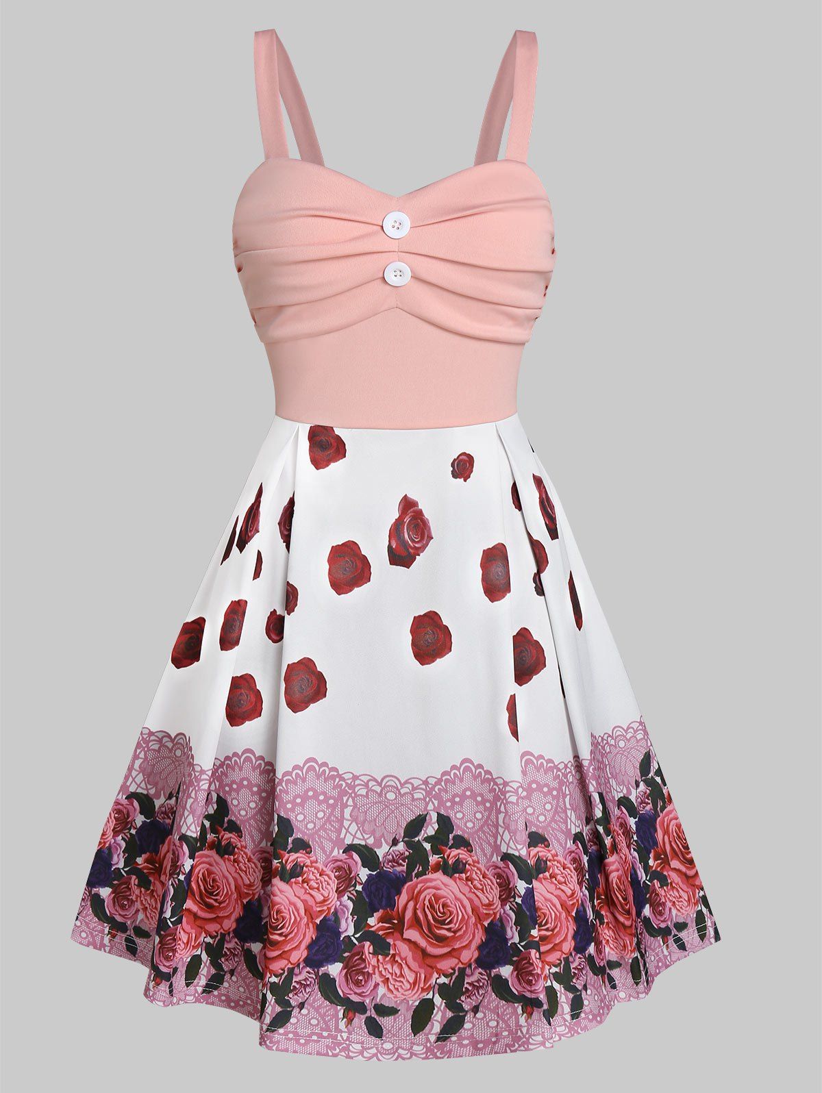 

Sleeveless Button Ruched Flower Print Dress, Pink