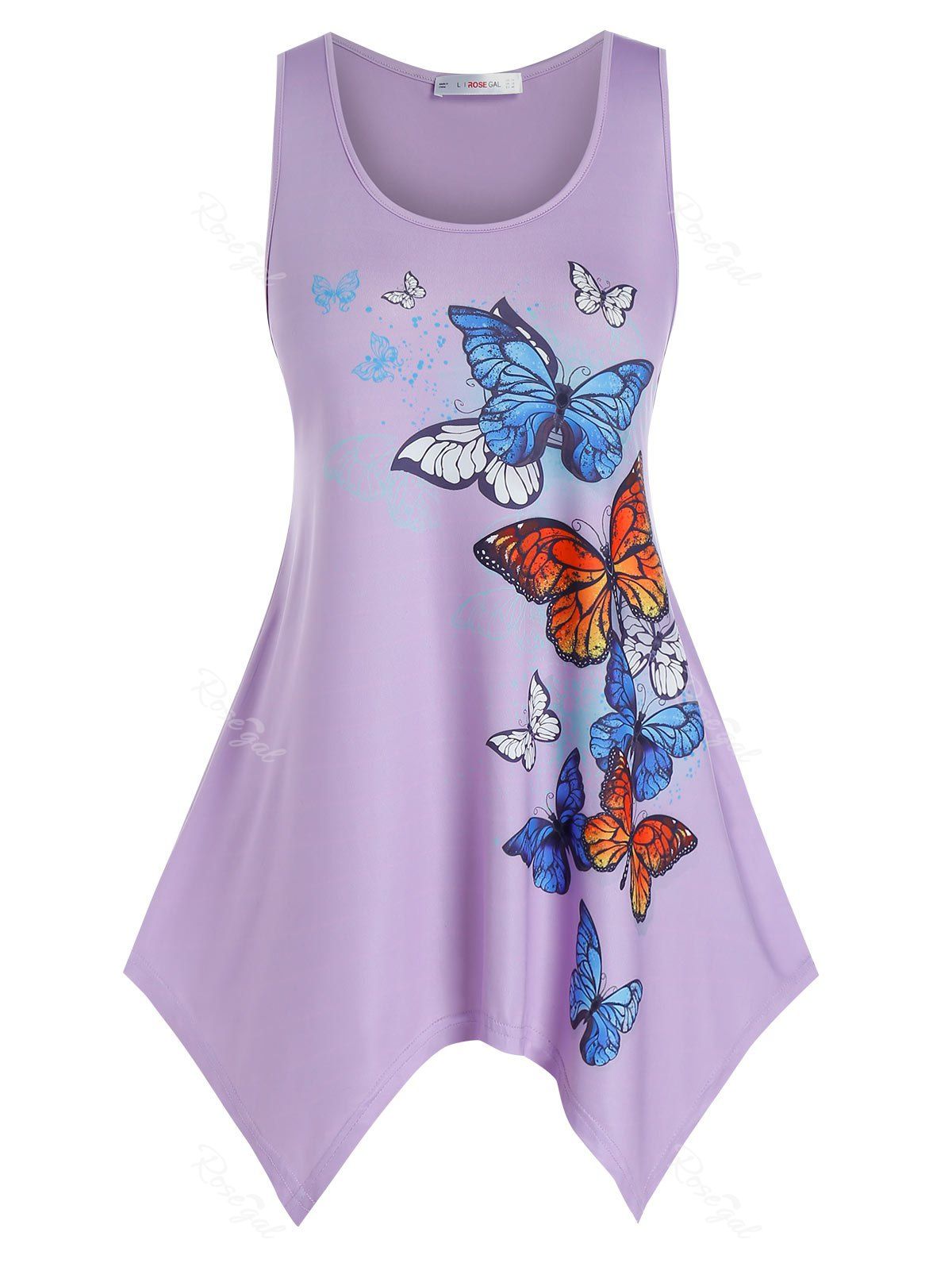 

Plus Size Butterfly Print Handkerchief Tunic Tank Top, Light purple