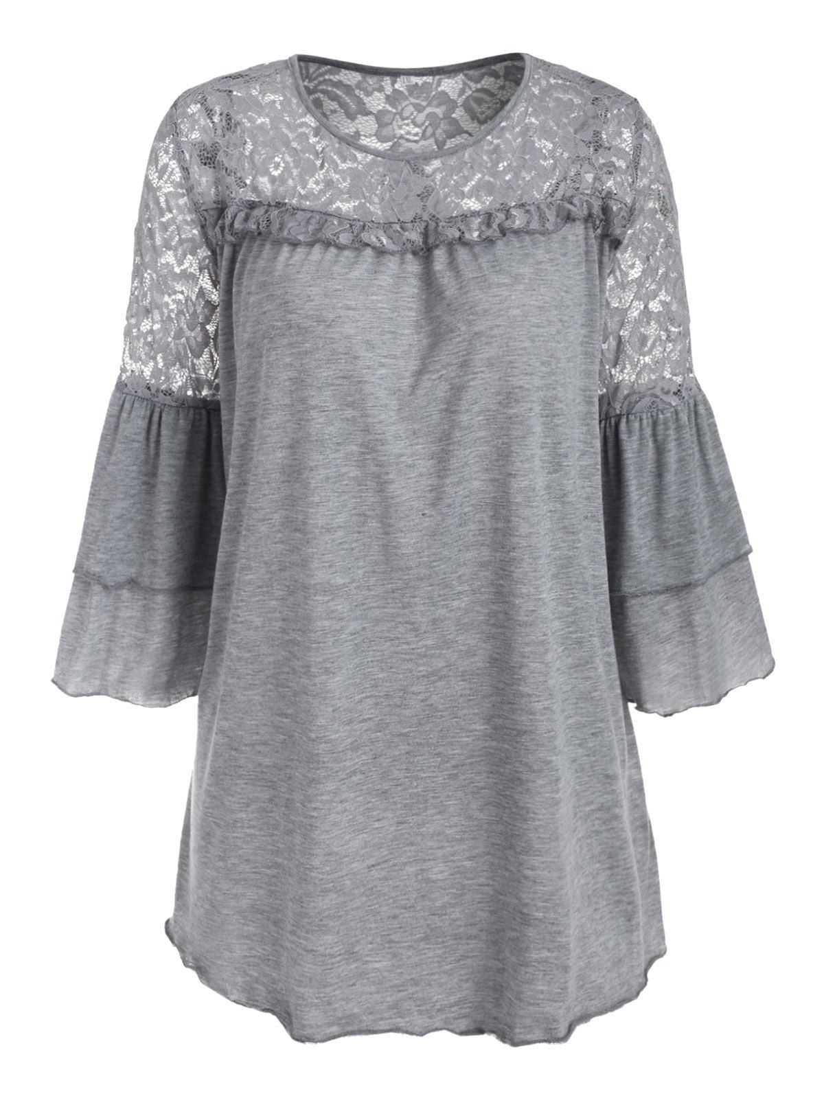 

Plus Size Marled Lettuce Trim Lace Yoke Tunic Top, Light gray