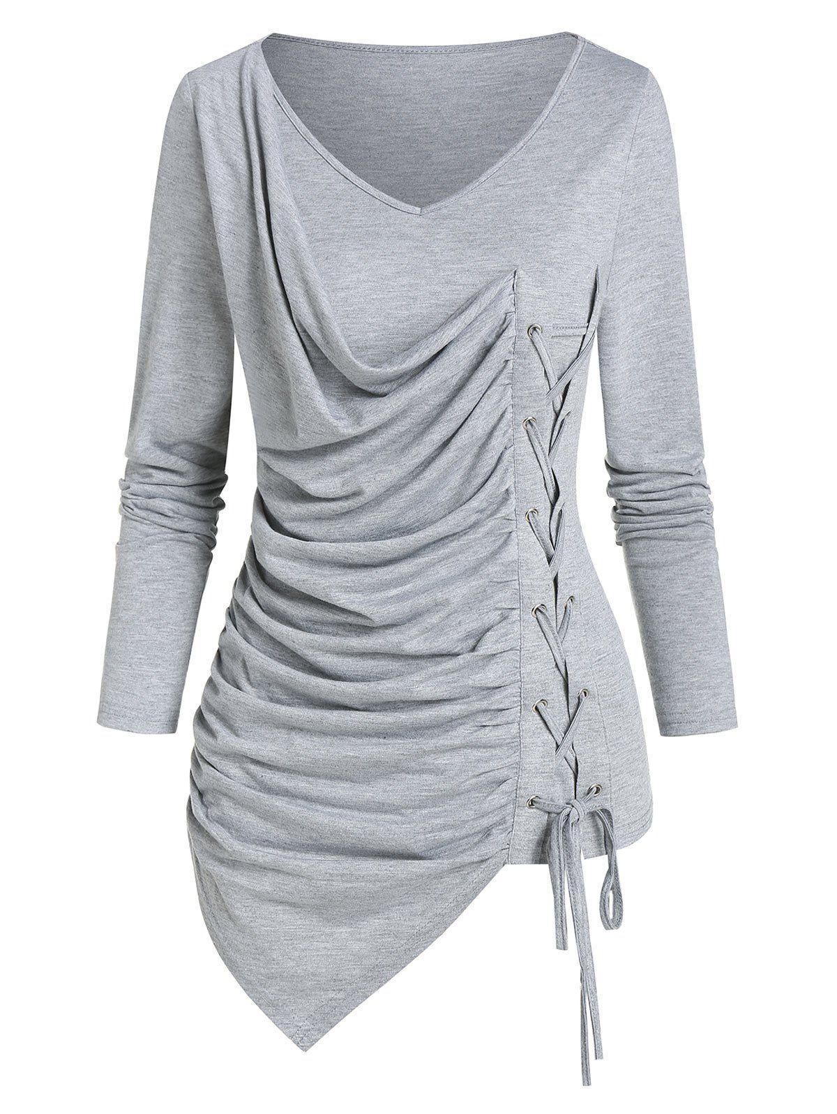 

Plain V Neck Lace Up Asymmetrical T Shirt, Gray