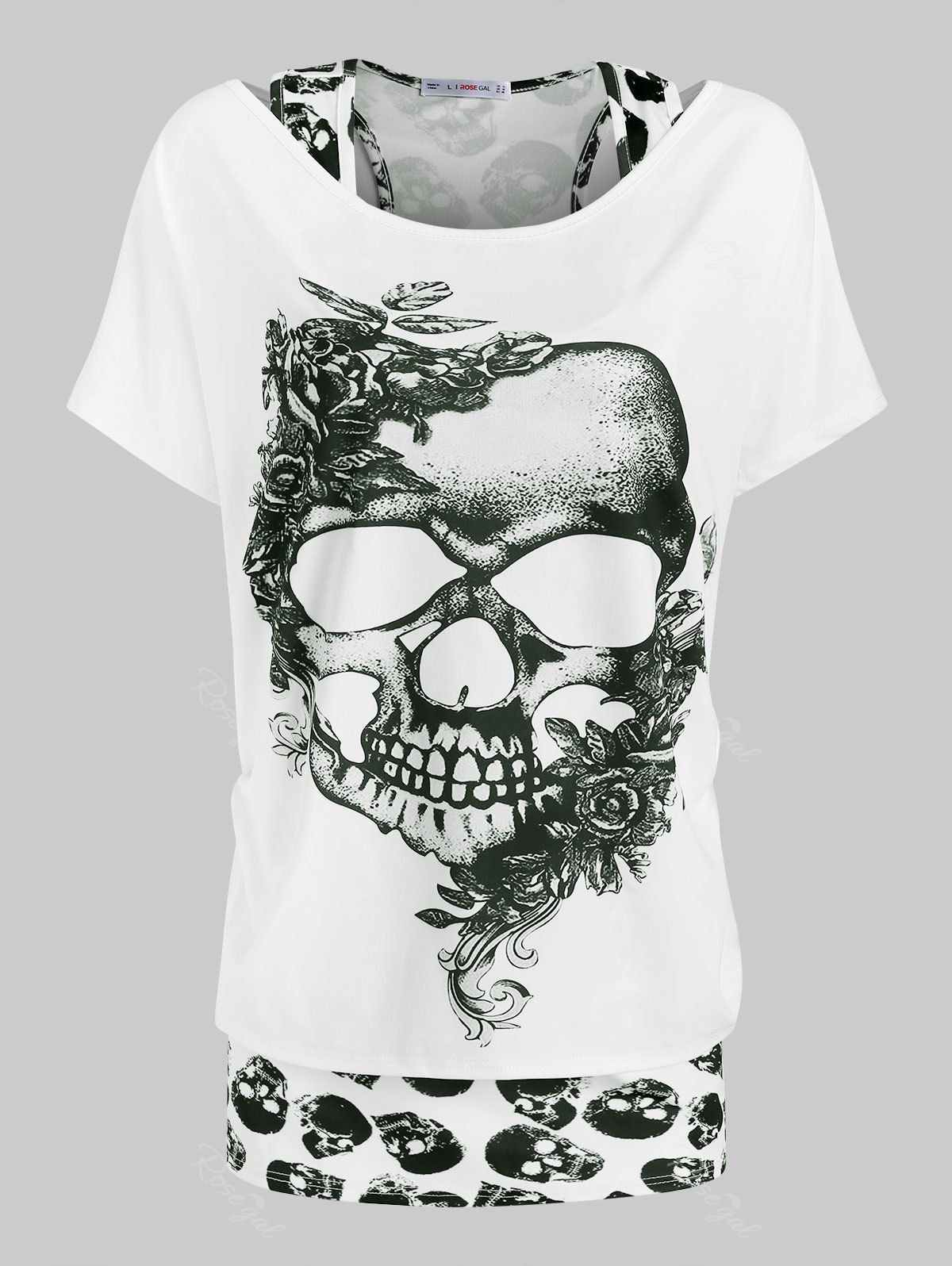 

Plus Size Halloween Floral Skull T-shirt and Racerback Tank Top Set, White