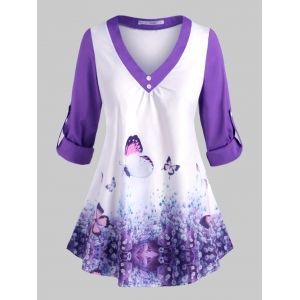 

Plus Size Butterfly Print Roll Up Sleeve Top, Purple