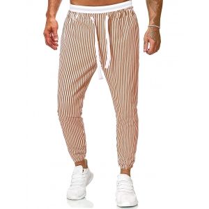 

Vertical Striped Print Drawstring Casual Pants, Khaki