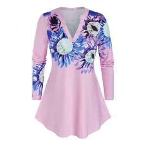 

Plus Size V Collar Sunflower Printed T-shirt, Light pink
