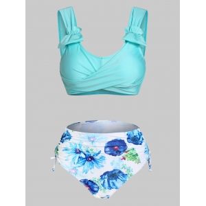 

Flower Print Cinched Padded Bikini Set, Blue